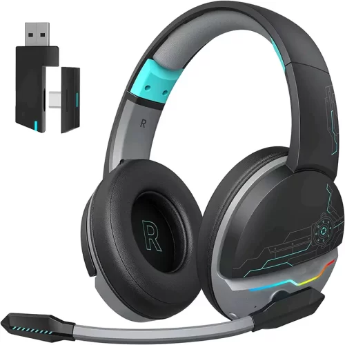 Dual Wireless Gaming Headset with Microphone for PS5, PS4, PC, Mobile, Tablet: 2.4Ghz Wireless + 5.3 Bluetooth – Lightweight – RGB Light – Blue